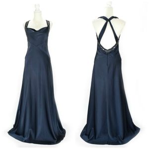 BCBG Deep Blue Draped Beaded A-line Formal Gown